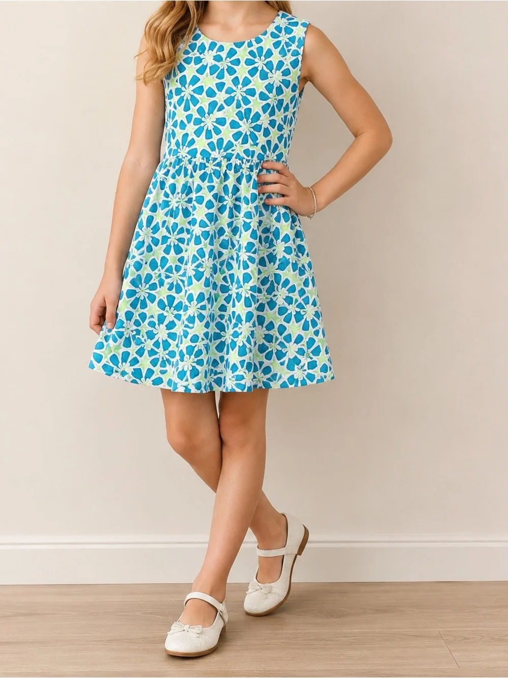 Justice Girls Size 12 Blue Green Floral Lace Fit Flare Sleeveless Dress